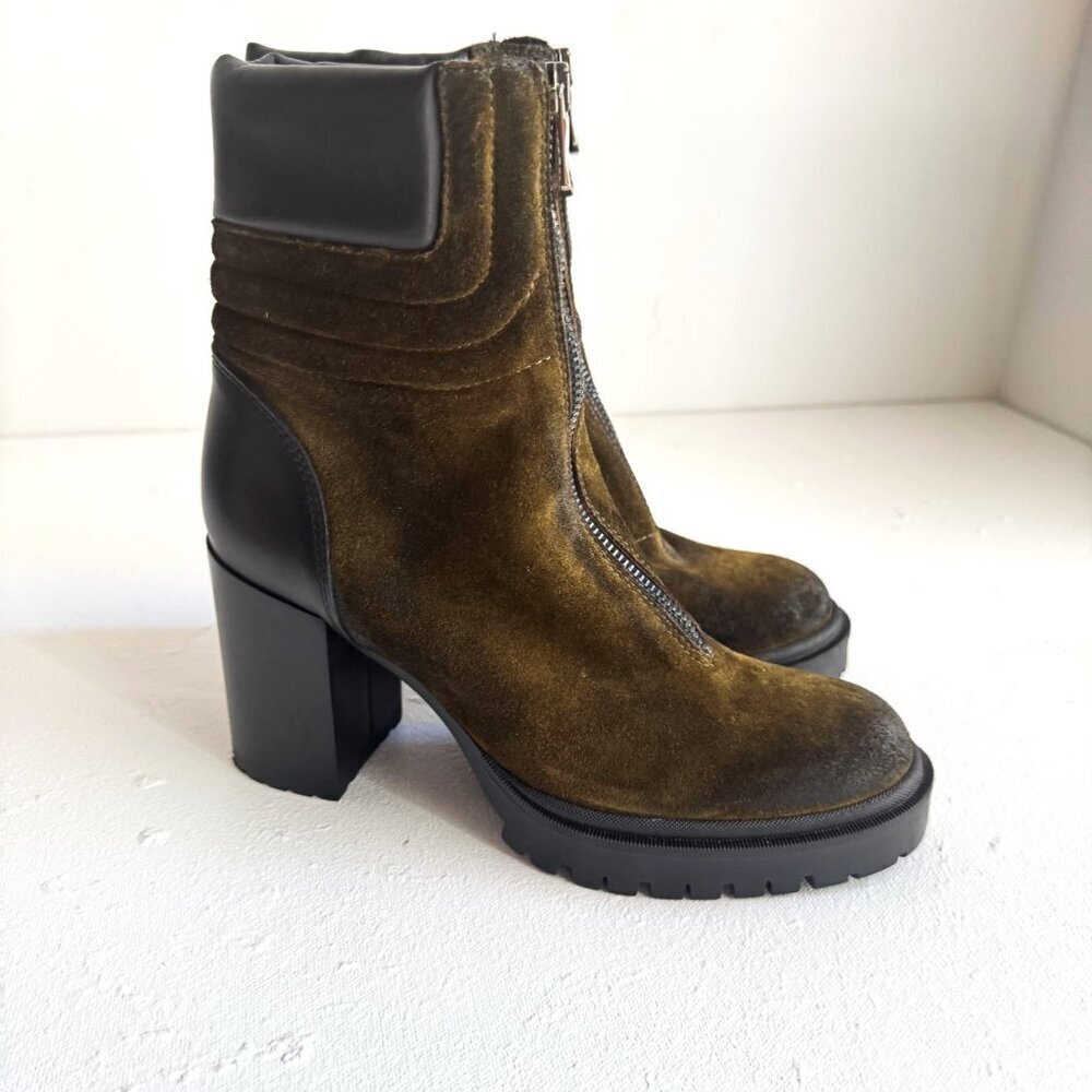 Emanuele Crasto Suede Army Green Antique Finish Block Heel Boots 40